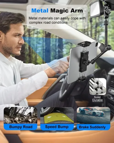 Miniatura 2 de Soporte universal para tableta de espejo retrovisor para automóvil [brazo mágico de metal] Soporte universal de metal para espejo retrovisor