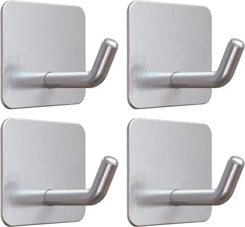 VIS'V Ganchos adhesivos, ganchos resistentes para pared de ducha, impermeables, 2 tiras adhesivas adicionales, color plateado, 4 unidades
