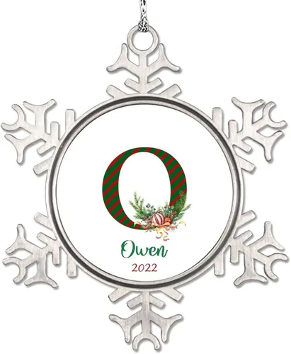 Miniatura 21 de Monograma inicial letra A copo de nieve, adorno de bayas de pino de Navidad para decoración de árbol de Navidad, adornos de Navidad personalizados