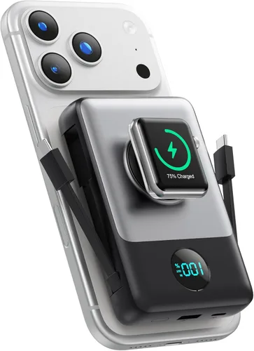 Cargador portátil magnético 6 en 1 para iPhone con cables integrados, 10800 mAh 25 W PD cargador de energía de carga rápida, 6 salidas de pantalla