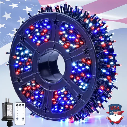 Miniatura 17 de JMEXSUSS 250 luces LED rojas, blancas y azules para decoraciones del 4 de julio, luces patrióticas conectables de 91.5 pies para exteriores