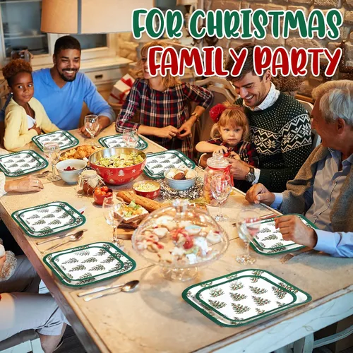 Miniatura 7 de Layhit Juego de 80 platos de papel de Navidad a granel de 7 x 9 pulgadas, juego de platos cuadrados desechables de Navidad verde, árbol de Navidad