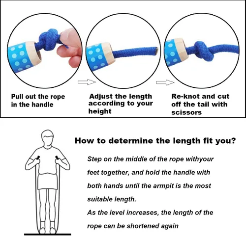 Miniatura 5 de Cuerda de saltar para niños, cuerda de algodón de longitud ajustable con mango de madera para niños y niñas, ejercicio deportivo y fitness Azul