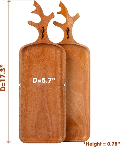 Miniatura 2 de VieWood Juego de 2 bandejas de madera con asa para decoración del hogar, tabla de servir de madera para frutas, cupcakes y platos decorativos