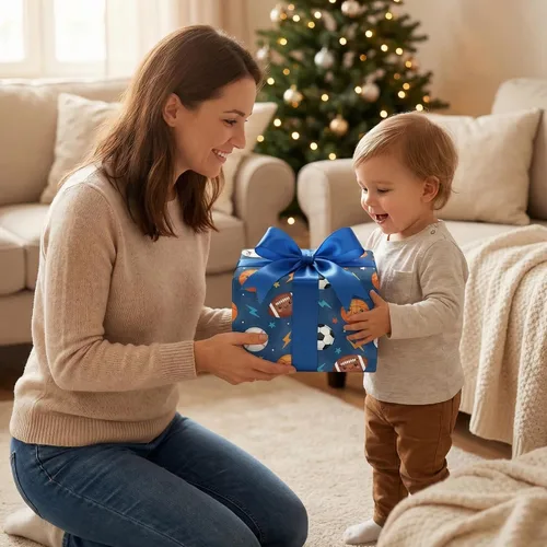 Miniatura 2 de SaringSwoon Papel de regalo para baby shower para niños y niños, papel de regalo de pelota deportiva azul con diseño de baloncesto, fútbol, béisbol