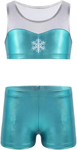 iiniim Kids Girls - Conjunto de dos piezas de gimnasia, deportes y danza deportiva brillante con pantalones cortos para bailar
