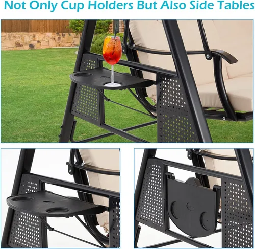 Miniatura 2 de AECOJOY - columpio de porche al aire libre con cubierta, columpios de patio de 3 asientos con toldo ajustable, columpio exterior para adultos