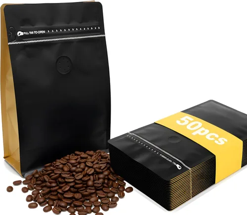 50 bolsas de café con válvula, bolsa de granos de café con bolsas de cremallera sellables con calor y válvula, granos de café negros y amarillos,