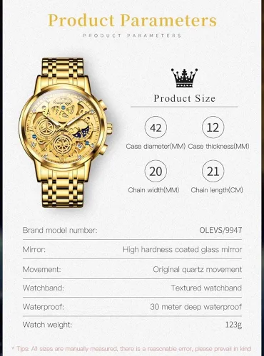 Miniatura 6 de OLEVS Reloj de pulsera para hombre, esqueleto de acero inoxidable, cronógrafo de cuarzo de lujo, impermeable, relojes luminosos para hombre