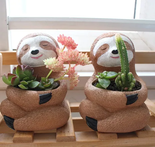 Miniatura 5 de Maceta para suculentas, maceta de animales, maceta de cactus, bonito diseño de perezoso con orificio de drenaje, maceta pequeña de resina