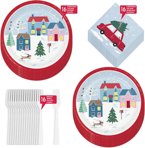 Miniatura 2 de Suministros para fiestas navideñas - Platos de postre de papel, servilletas para bebidas y tenedores de aldea navideña de invierno (para 16 personas)