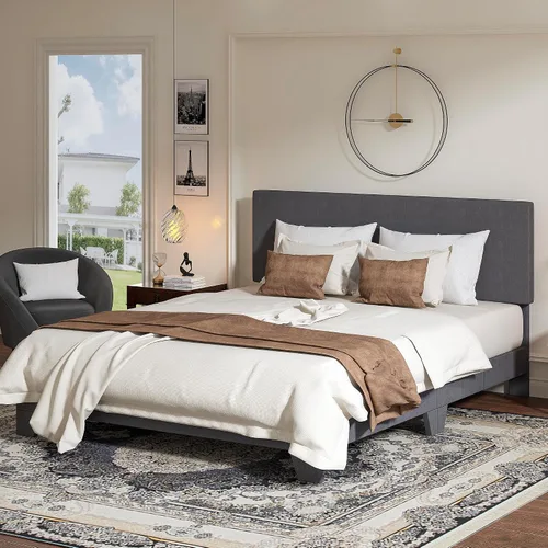 Miniatura 10 de WEEWAY Base de cama de plataforma tapizada completa con cabecero ajustable y listones de madera fuertes, base de colchón resistente, no necesita