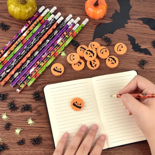 Miniatura 5 de Zuazaor 48 lápices de Halloween con 48 piezas de borradores de calabaza 3D a granel para estudiantes, bolsas de regalo, regalos de oficina, escuela
