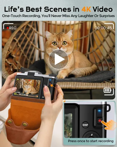 Miniatura 3 de Cámara digital 4K para enfoque automático de fotografía, cámara de vlogging WiFi de 64MP para YouTube con pantalla abatible de 180° de 3 pulgadas