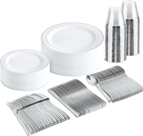 Miniatura 21 de bUCLA Juego de vajilla de plástico dorado desechable de 150 piezas, platos dorados resistentes que incluyen 25 platos de cena y 25 platos de postre