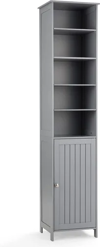 COSTWAY Armario de almacenamiento alto, armario de piso de madera con estantes ajustables de 3 niveles, puerta y perilla convenientes, organizador