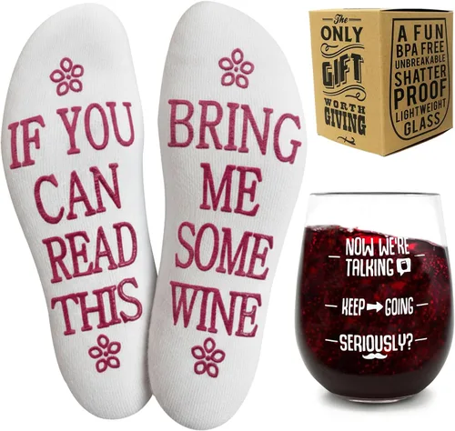Miniatura 7 de Divertidos copas de vino + calcetines de vino – Copa de vino irrompible de 16 onzas sin tallo con refranes y calcetines peludos para niña "If You