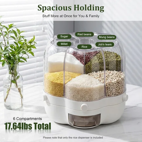 Miniatura 2 de Dispensador de arroz, dispensador de cereales giratorio de 6 rejillas de 360° con tapa, organizador de almacenamiento de granos, soporte