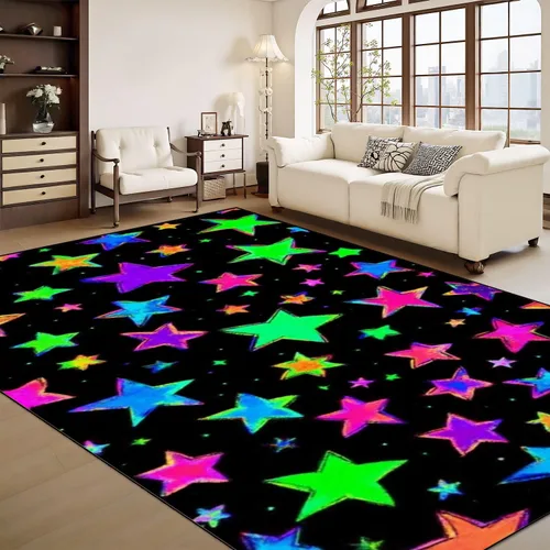 Miniatura 9 de Alfombra lavable de 8 x 10 pies para sala de estar, grande, suave, luz negra, sol, neón, reactiva a los rayos UV, luna celestial, estrella, planeta