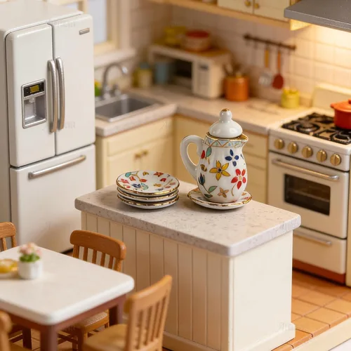 Miniatura 4 de AUEAR, Juego de 15 piezas de té de porcelana en miniatura 1:12 Miniatur Plato Taza Plato Accesorios Clásicos de Cocina (Patrón de Hoja Dorada)