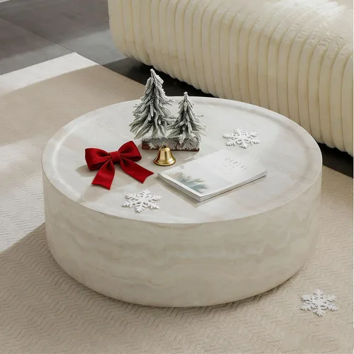 Miniatura 27 de JUSTONE Mesa de Centro Redonda para Sala de Estar, Mesa de Acento Moderna de 31.5 Pulgadas con Acabado de Piedra Artificial Beige Desgastado, Mesa