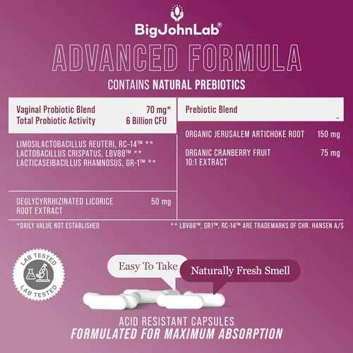 Miniatura 7 de BIGJOHNLAB® - Probióticos vaginales para mujer – Balance de PH, control de olores, levadura, microbioma y salud femenina – 6B UFC, raíz de regaliz
