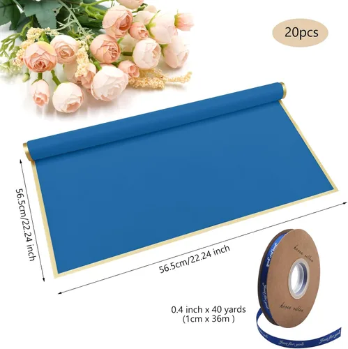 Miniatura 2 de XHKDSYMC 20 hojas de papel de regalo de flores azul real, 22.24 x 22.24 pulgadas, papel de regalo de ramo floral, borde dorado, impermeable, con 1