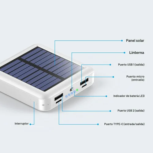 Miniatura 4 de Cargador solar portátil de 12000 mAh, batería de energía solar pequeña, batería externa con entrada/salida USB C con 4 cables incorporados, linterna