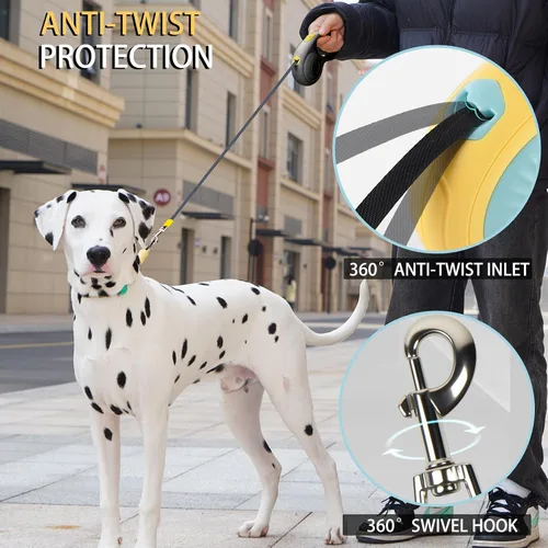 Miniatura 5 de JSXD Correa retráctil para perro de 360° sin enredos con freno con una sola mano, pausa, bloqueo, cinta de nailon resistente de 10 pies para Negro