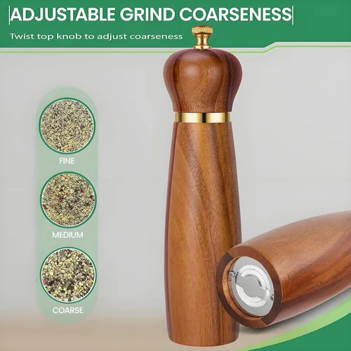 Miniatura 7 de Juego de molinillo de sal y pimienta de madera de acacia con base, molinillo de pimienta manual de 8 pulgadas con grosor ajustable, juego de 2