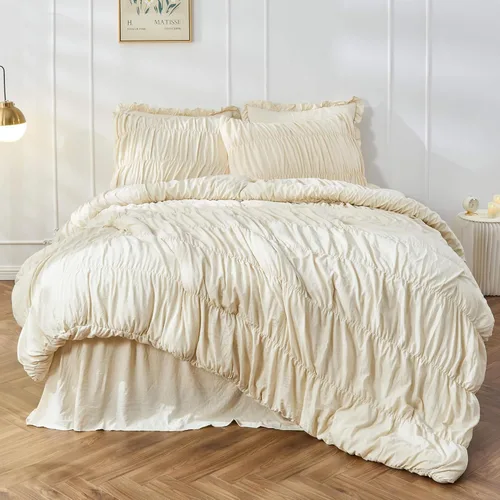 Bonlino Juego de edredón tamaño King – Juego de edredón de trigo fruncido, juego de ropa de cama King, ropa de cama bohemio, desgastado y chic para