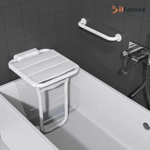 Miniatura 5 de Asiento de ducha plegable montado en la pared, capacidad de 500 libras, banco de ducha de acero inoxidable de 14 x 16 pulgadas con barra de agarre