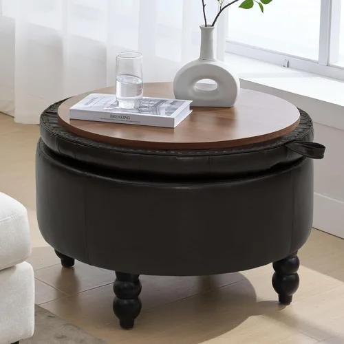 Miniatura 8 de Otomana de almacenamiento redonda de cuero PU de 30 pulgadas con bandeja, mesa de centro moderna tapizada con capitoné con almacenamiento, otomana