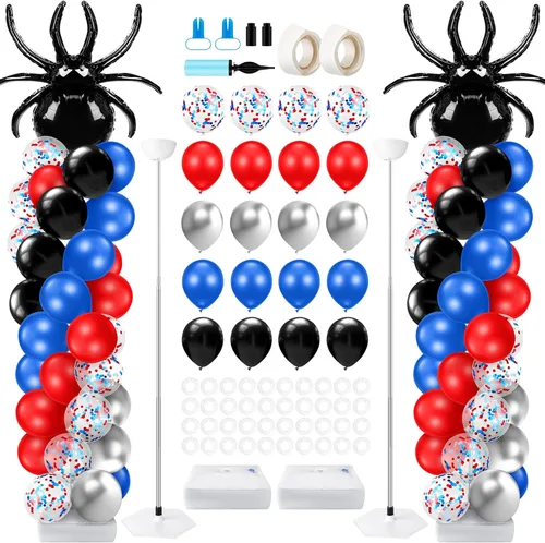 Kasyat Juego de 2 soportes de columna de globos para fiesta de arañas con 2 arañas y 100 globos de látex rojos, azules y negros, soportes de arco