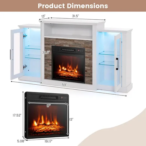 Miniatura 5 de Tangkula Soporte de TV para chimenea eléctrica, chimenea eléctrica con luces LED de 16 colores, estantes de vidrio ajustables, control remoto