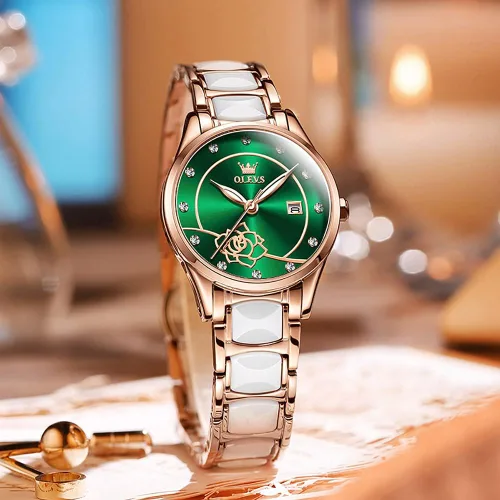 Miniatura 8 de OLEVS Reloj de pulsera para mujer oro rosa elegante de cerámica para mujer de cuarzo acero inoxidable impermeable luminoso