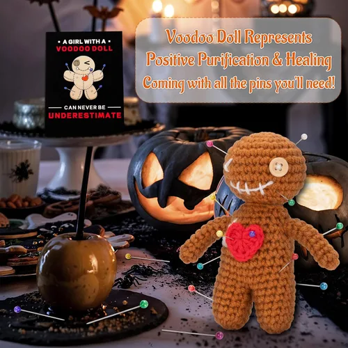 Miniatura 4 de Muñeca de vudú positiva graciosa hecha a mano de ganchillo rellena de peluche con tarjeta de afirmación de positividad para decoración de Halloween