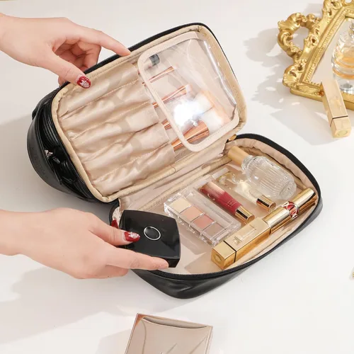 Miniatura 5 de Bolsa de maquillaje, bolsa de viaje grande de doble capa impermeable con asa y compartimento para cepillos para mujeres, Negro -, Color puro