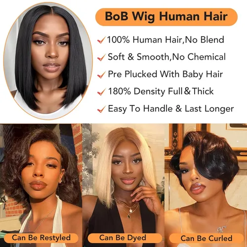 Miniatura 4 de Hoacon Peluca Bob de pelo humano 13x4 con encaje frontal para mujeres negras, peluca HD con encaje frontal de pelo humano, sin pegamento, Negro