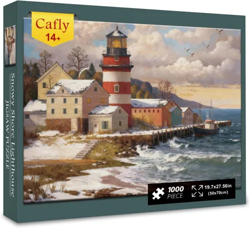 Rompecabezas para adultos de 1000 piezas, juego para adultos y familiares, paisaje costero de invierno, nevado Shore Lighthouse C0836