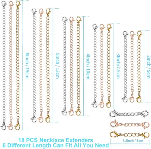 Miniatura 2 de Extensor de collar, 18 extensores de cadena para collares, pulsera de joyería de acero inoxidable de alta calidad, extensores de collar de tobillera
