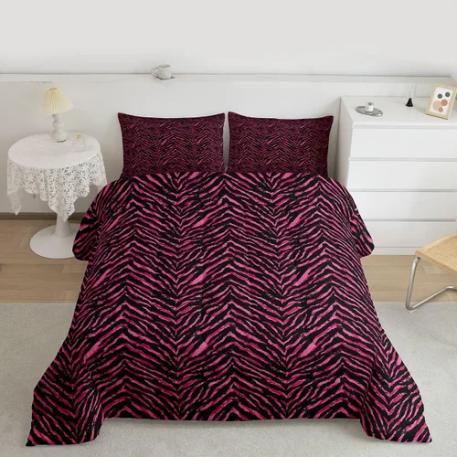 Miniatura 22 de Castle Fairy Juego de edredón con estampado de leopardo rosa y negro, juego de colcha de retazos de piel de cebra, tamaño King, para niños, niñas