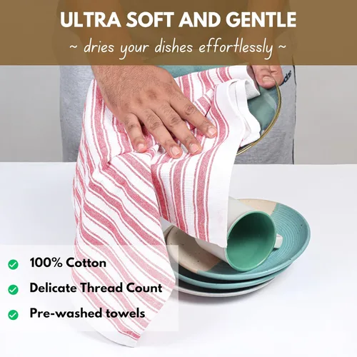 Miniatura 2 de Native Fab Toallas de Cocina a Rayas - 100% Algodón - Paquete de 12 - 16"x26" - Paños de Té a Rayas con Tejido de Cesta, Paños de Cocina para Secar