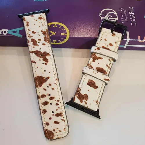 Miniatura 4 de Correa de cuero de vaca de lujo con pelo de Western para Apple Watch de 38 40 41 42 44 45 46 49 mm elegante para iWatch Series 11 10 9 8 7 6 5 4 B