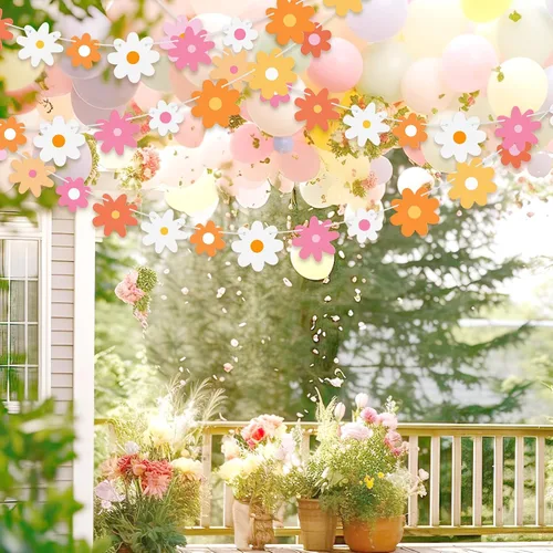 Miniatura 5 de Henoyso Paquete de 5 decoraciones de margaritas bohemias para fiesta, guirnalda de margaritas con recortes de flores hippie para verano, boda