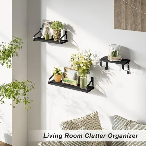 Miniatura 2 de Love-KANKEI Estantes flotantes montados en la pared de madera rústica, juego de 3 estantes para dormitorio, sala de estar, baño, cocina, color negro