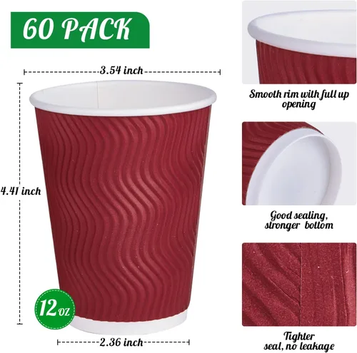 Miniatura 2 de JollyPack Paquete de 60 tazas de café de papel de 12 onzas, vasos desechables de color rojo vino con pared ondulada aislada para café, té y Vino