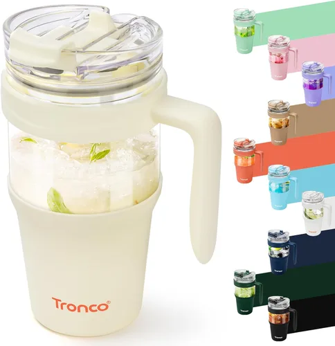 Miniatura 26 de Tronco Vaso de vidrio de 32 onzas con popote y tapa, tapa con popote 2 en 1 a prueba de fugas, botellas de agua de vidrio con asa, apto para Rosa