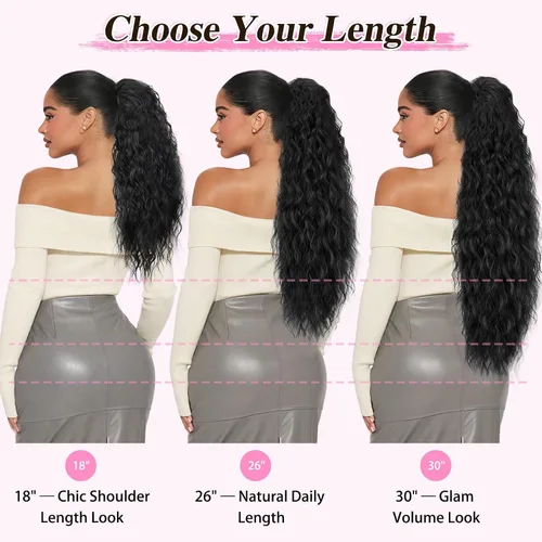 Miniatura 9 de ALXNAN Cola de caballo con clip de garra, extensión de cola de caballo negra de 26 pulgadas para mujer, extensiones de cabello sintético sintético