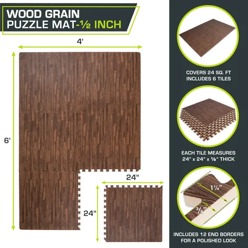 Miniatura 2 de ProsourceFit Tapete de rompecabezas de grano de madera de ½ pulgada, 6 baldosas de espuma EVA entrelazadas (24 pies cuadrados) para suelos seguros